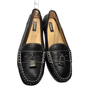 DKNY Black Leather Penny Loafers Silver Lock Detail Comfort Walking